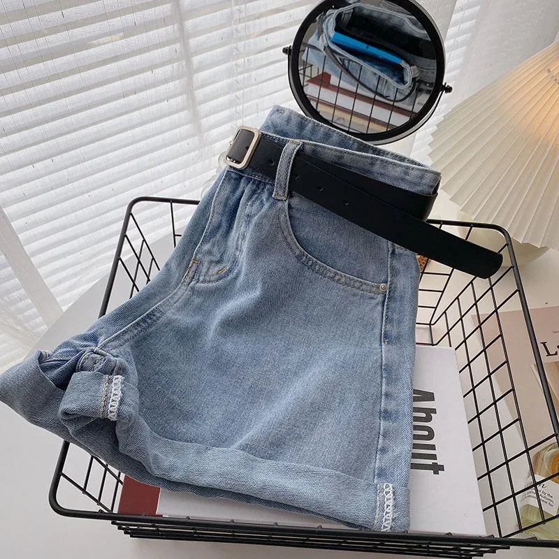 Summer Wide Leg High Waist Denim Shorts With Belt Women Korean Fashion Pocket Hot Pants Streetwear Casual Cowboy Jeans Shorts