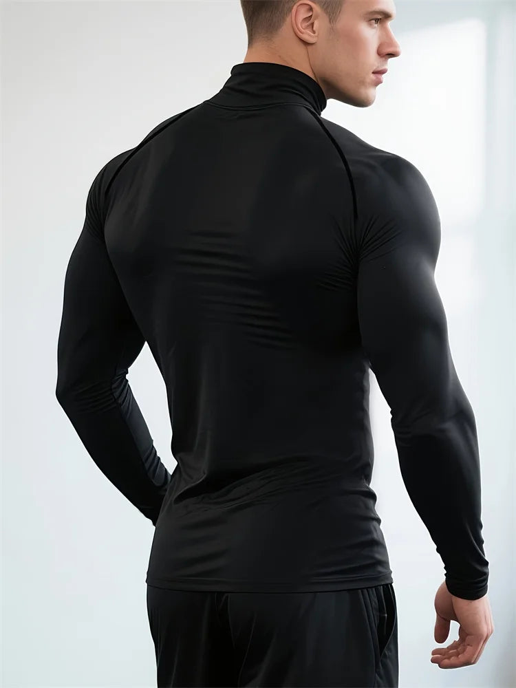 Men's Smiling Face Print Quick-drying Tight Long-sleeved T-shirt Fitness Training Stretch Top Spring and Autumn Turtleneck Tees