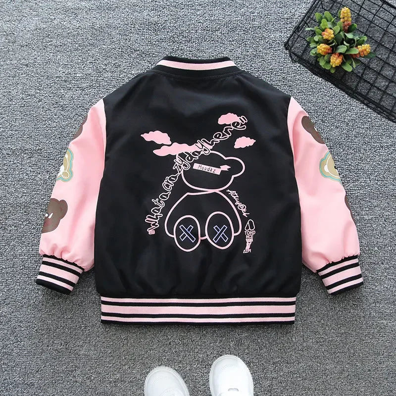 2025 Spring Autumn New Boys Girls Jacket Cartoon Bear Letter Print Baseball Uniform For 4-12 Years Children Sports Outerwear