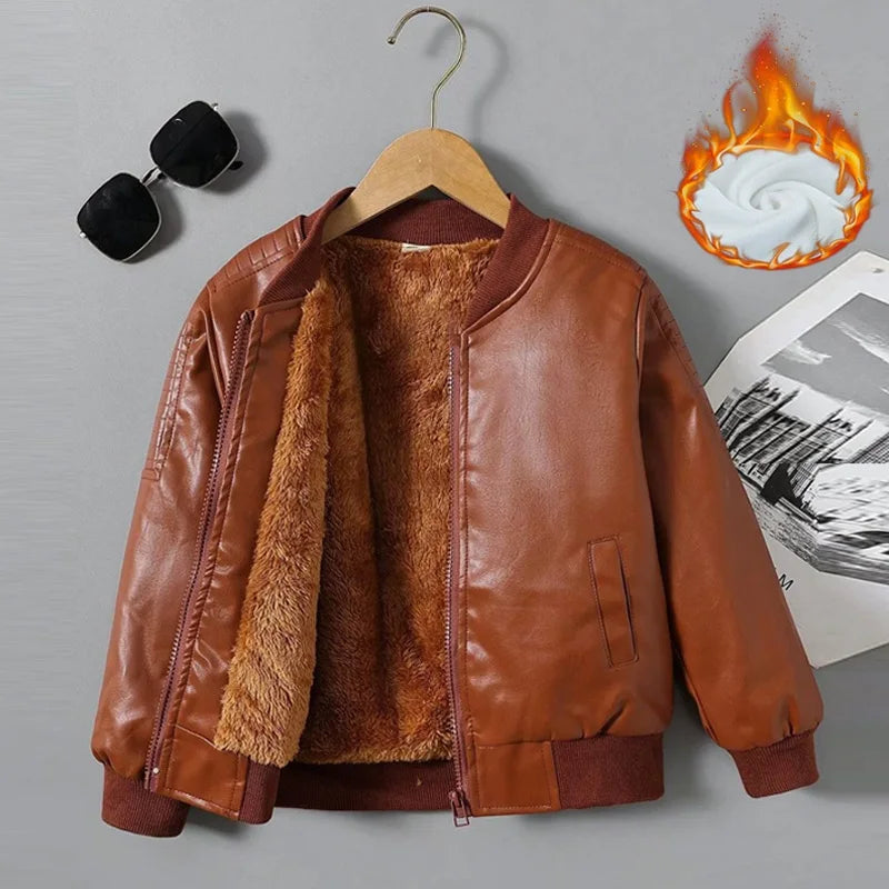 Kids Plus Velvet PU Leather Jacket (2–14Y)