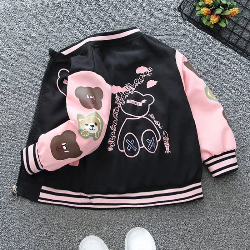 2025 Spring Autumn New Boys Girls Jacket Cartoon Bear Letter Print Baseball Uniform For 4-12 Years Children Sports Outerwear