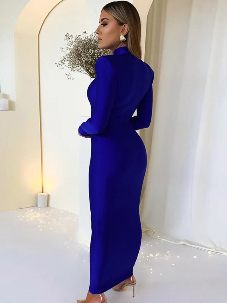 Shoulder Padded Long Sleeve Party Club Maxi Long Dress