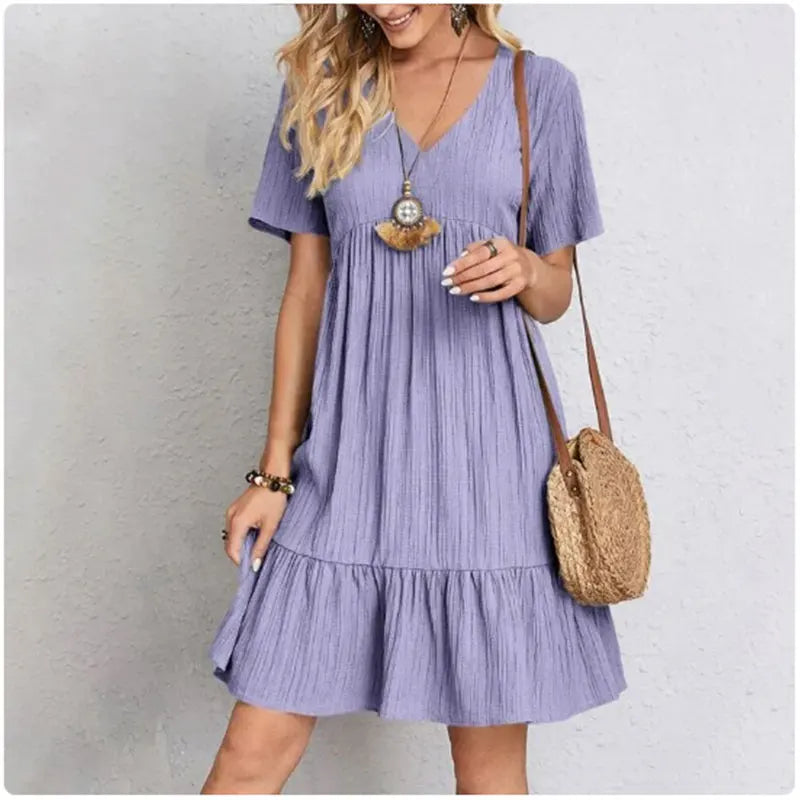 Women Summer Peplum Dresses Spring V-Neck Short Sleeve