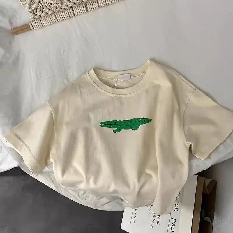 Korean Streetwear Vintage Cartoon Print Unisex Kids T-Shirts 100% Cotton Oversized Summer Tees for Boys & Girls 1-7Years