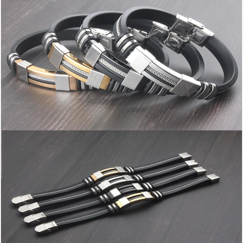 HNSP Stainless Steel Silicone Leather Bracelet For Men Cable Line Hand Chain Punk Jewelry Accessories Male Gift