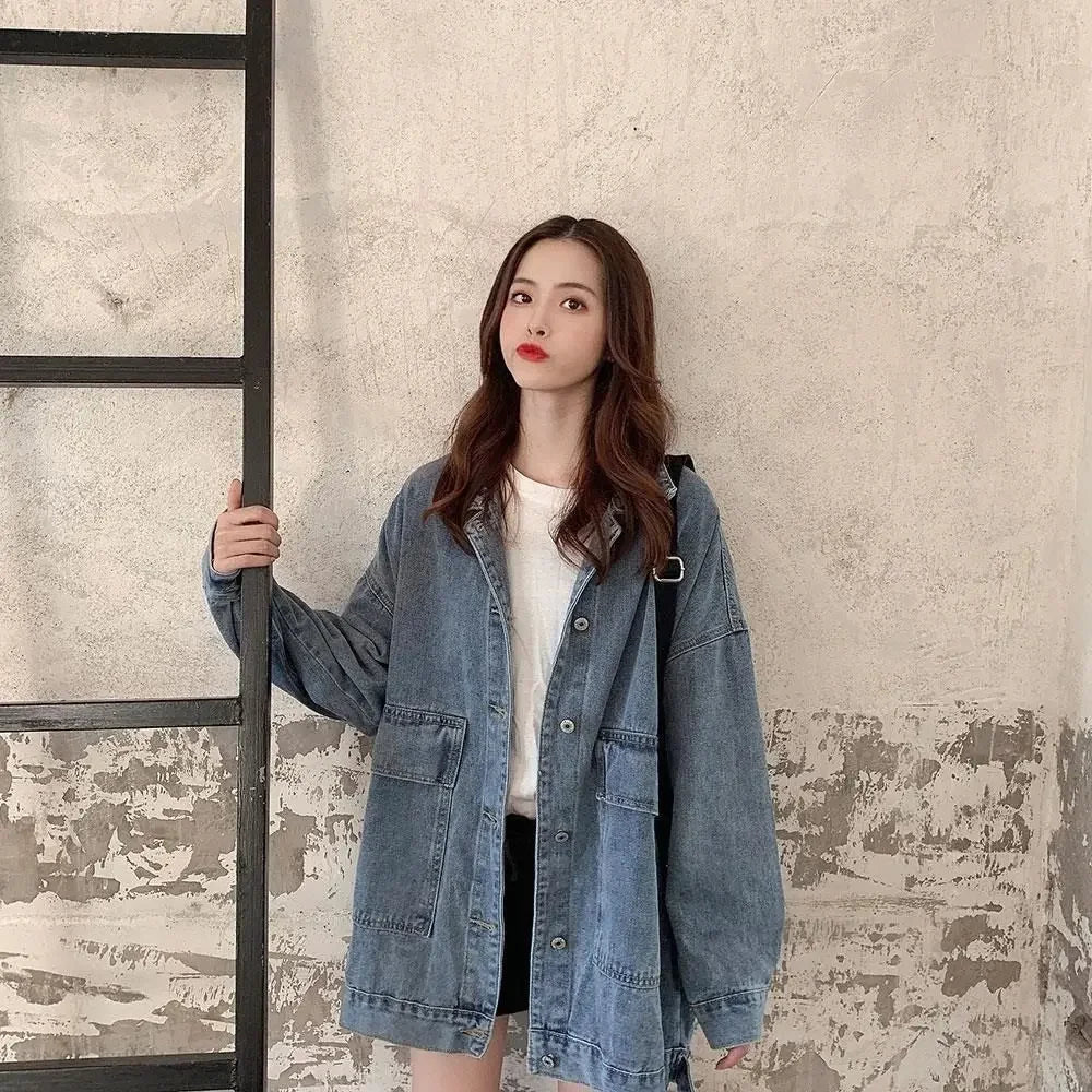 Retro Denim Jacket Versatile Loose Long Sleeve Student Workwear Spring Autumn New Style Korean Version Casual Outerwear
