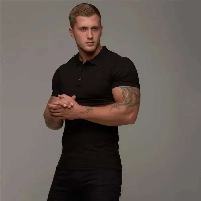 New Summer Fashion Mens Solid Short Sleeve Polo Shirts Slim Fit Turn Collar Male Gym Bodybuilding Fitness Polo Shirt