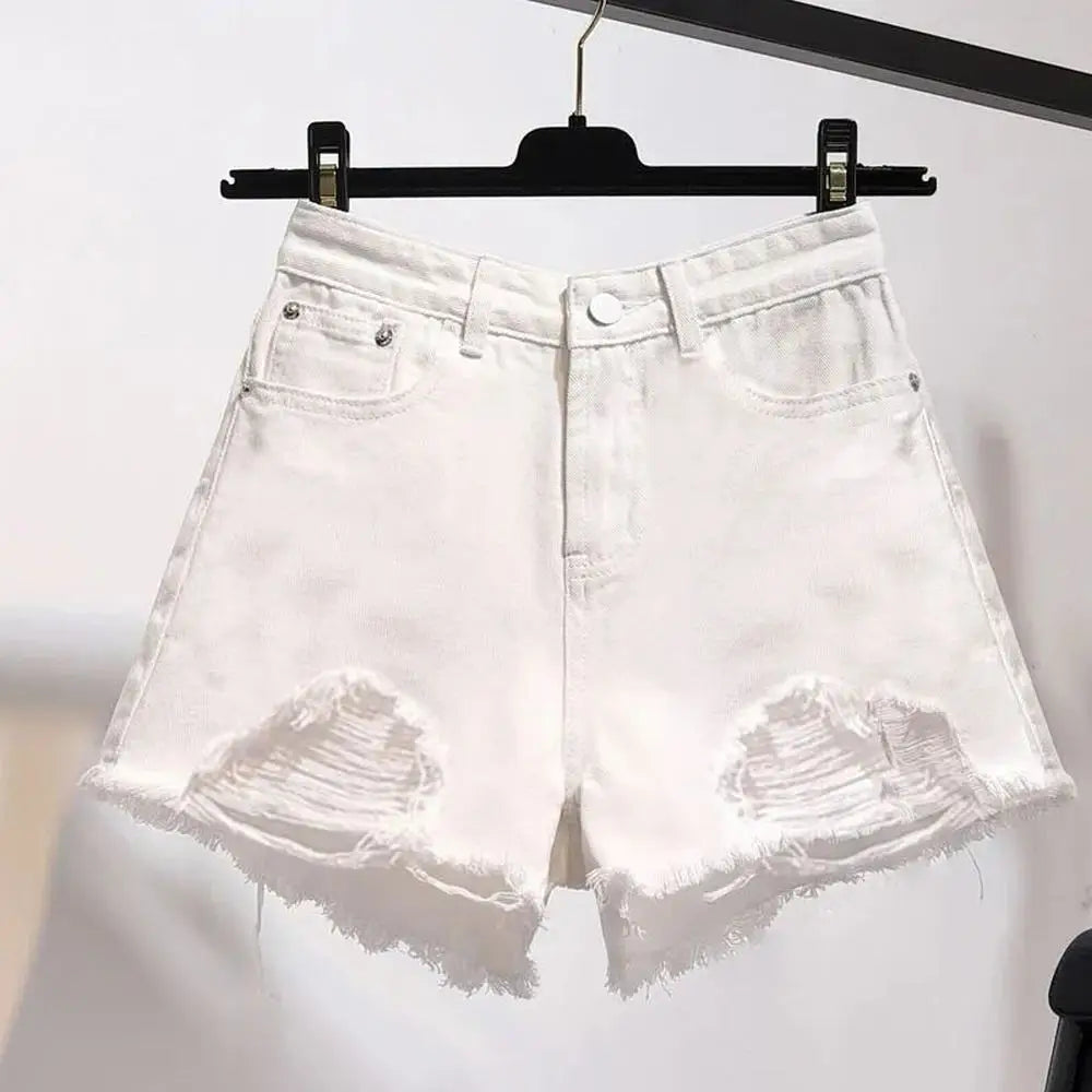 Summer Women's Cowboy Shorts Korean High Waist Casual Denim Shorts Pocket Tassel Perforated Ripped Holes Y2K Girls White Jeans