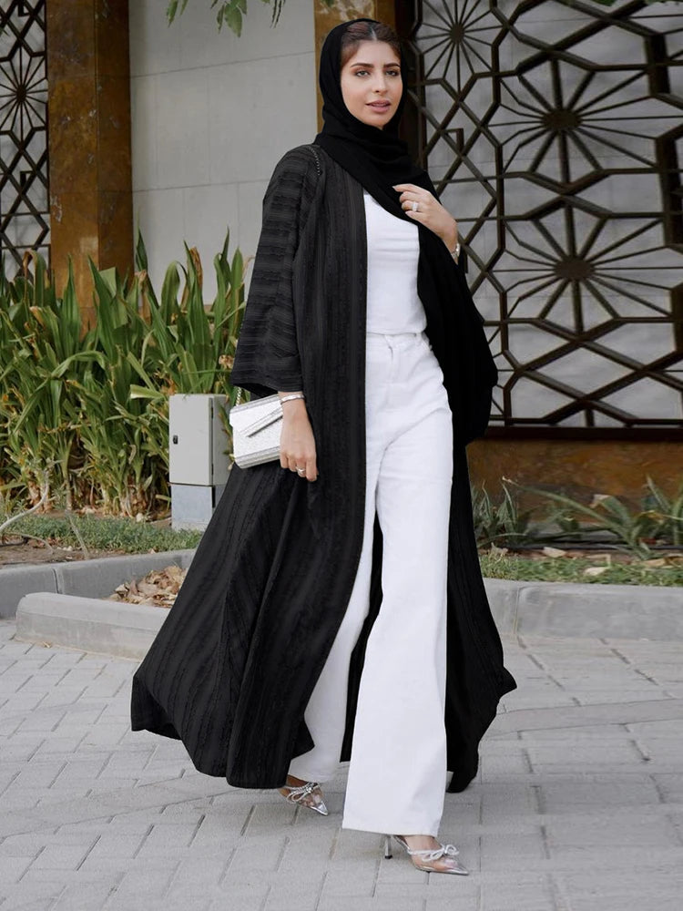 2025 Dubai Muslim Open Black Abaya Striped Retro Ethnic Cardigan Robe Dubai Middle Eastern Saudi Arabia Eid Clothes Black