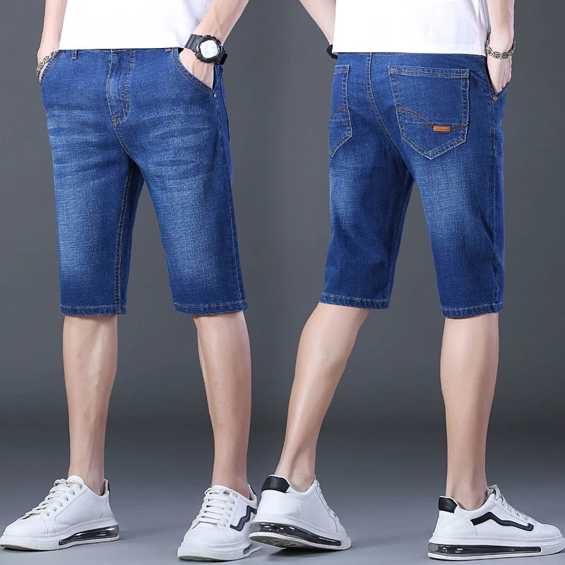 2024 Mens Casual Knee Length Denim Shorts Elastic Straight Brand Cotton Jeans Street Style Fashion Solid Color Short Jeans