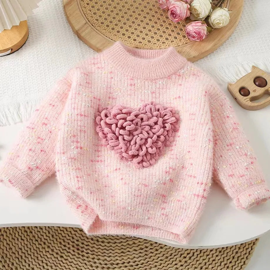 New Autumn and Winter Colored Floral Thread Love Cartoon Cute Long Sleeved Knitted Top for Girls Warm and Versatile Sweater