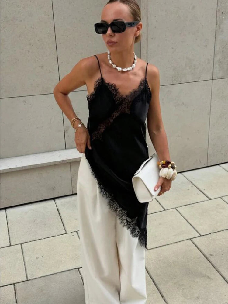 Satin Sexy Lace Spliced Short Sling Dress Women Sleeveless Backless