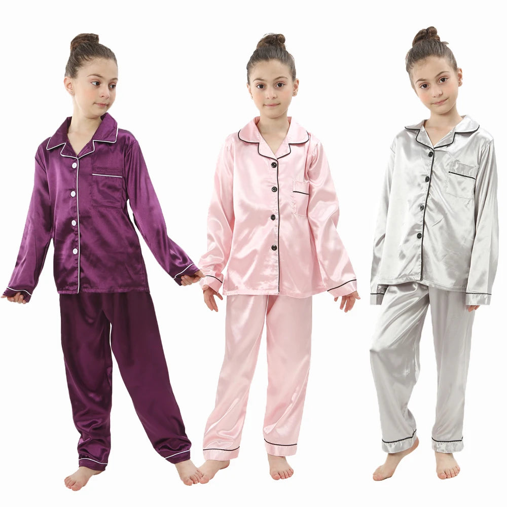 teenager loungewear children home clothing kids pajamas set girls silk satin pijama boys sleepwear baby nightgowns for 3-13Y