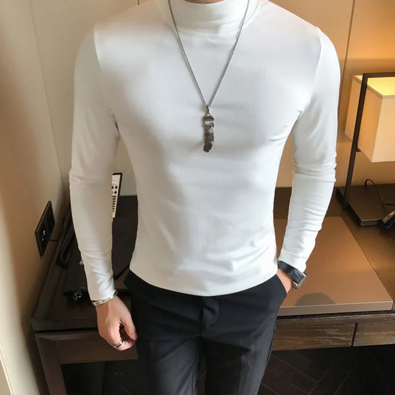 Spring New Men's Turtleneck T-shirt Long Sleeve Slim Fit Solid Color High Elastic Bottoming Pullovers Basic Style Male Tops