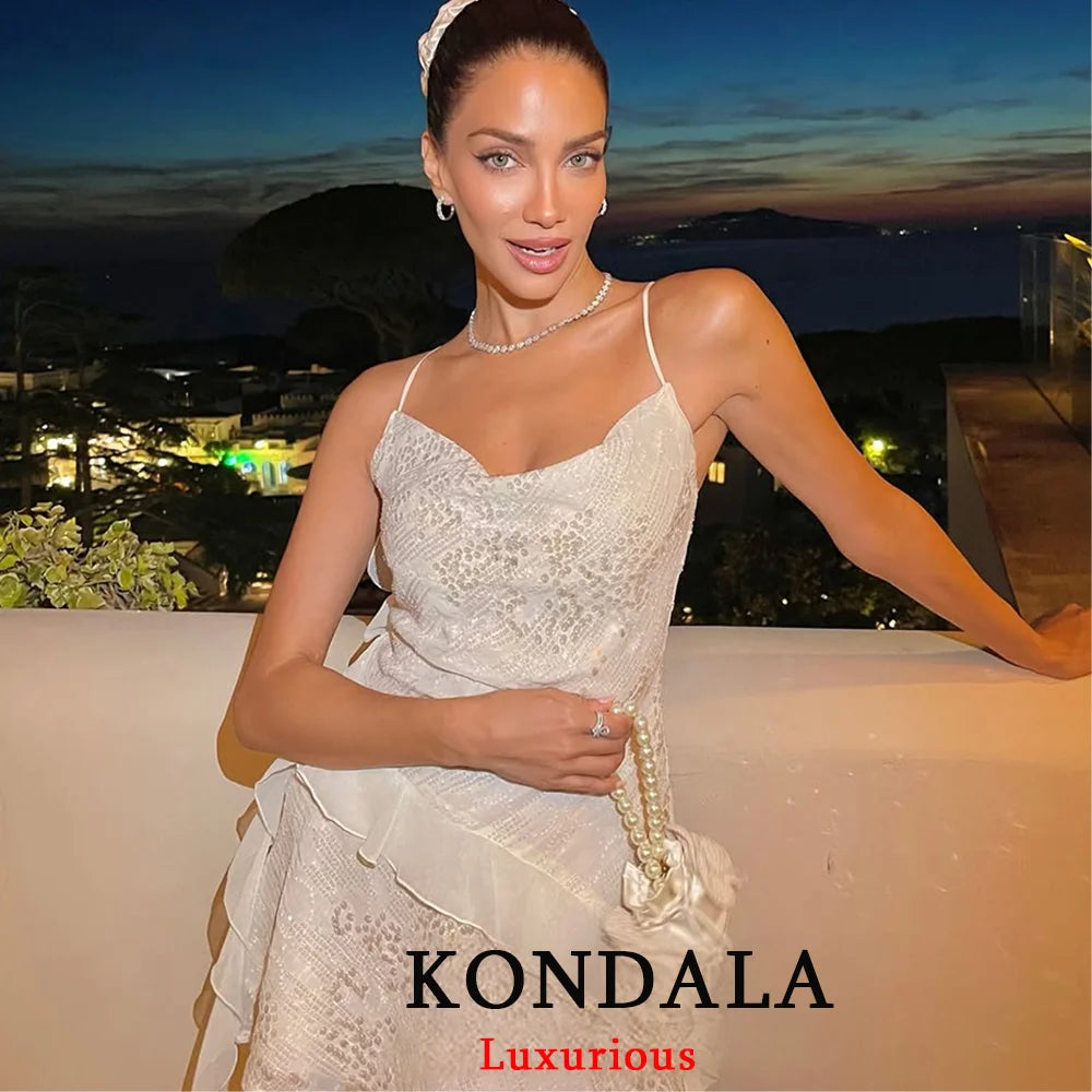 KONDALA Sexy Chic Women Dress Solid Cami Backless Sequined Tierred Mini Short Dress Fashion 2025 Fall Evening Club Party Dress