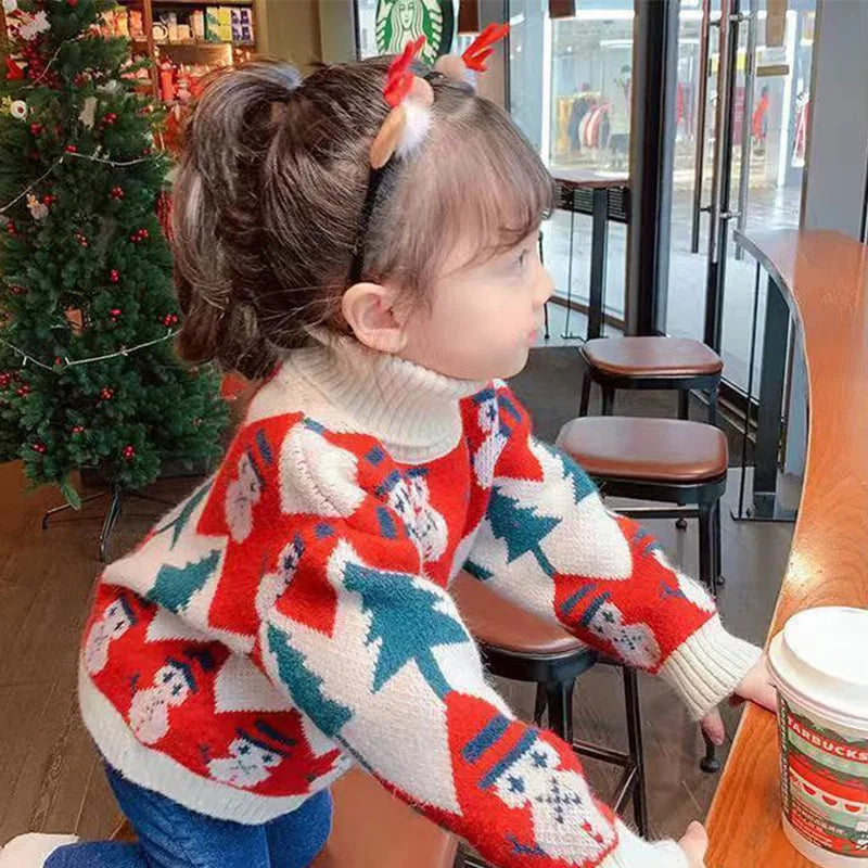 Girls' High Neck Sweater Thickened Autumn and Winter New Fashionable Christmas Pattern Girls' Knitted Sweater Sweet and Cute
