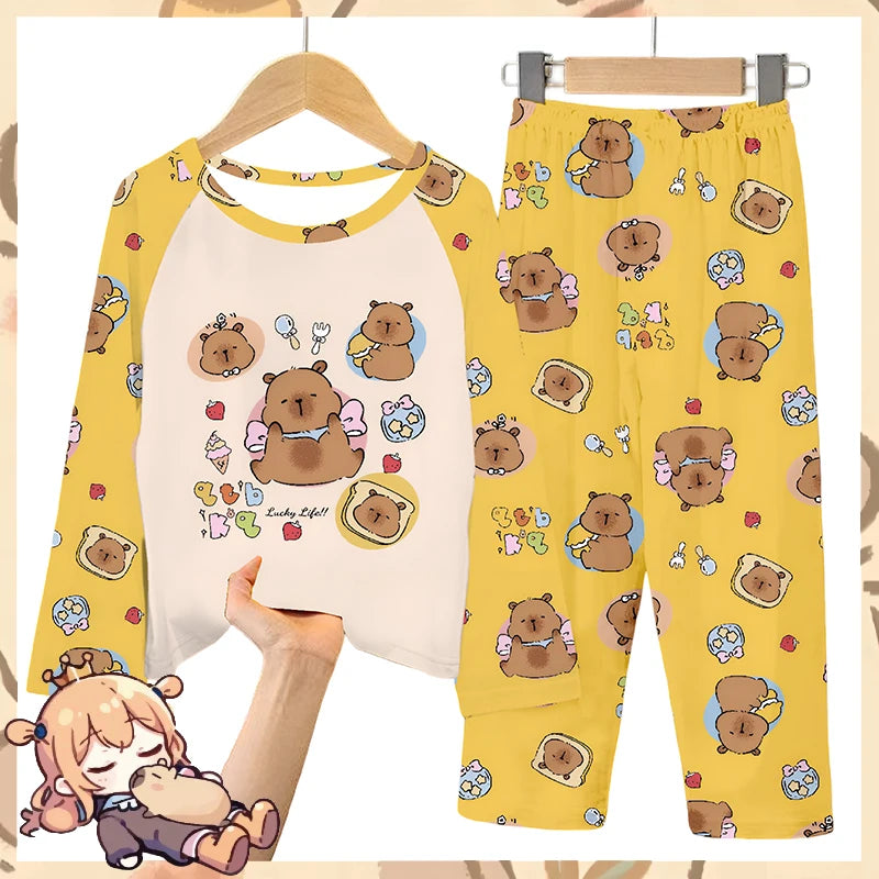 2pcs Capybara Printed Pajama Set for Kids, Soft Long Sleeve Top & Pants, Round Neck, Capibara Home Wear Set for Boys and Girls