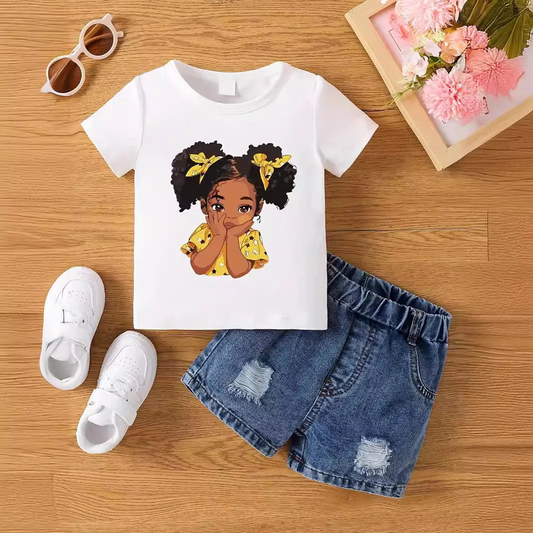 Aby Boys and Girls Summer Hot Painted Round Neck Short-sleeved Top Girls    Just T-shirts. Shorts not included