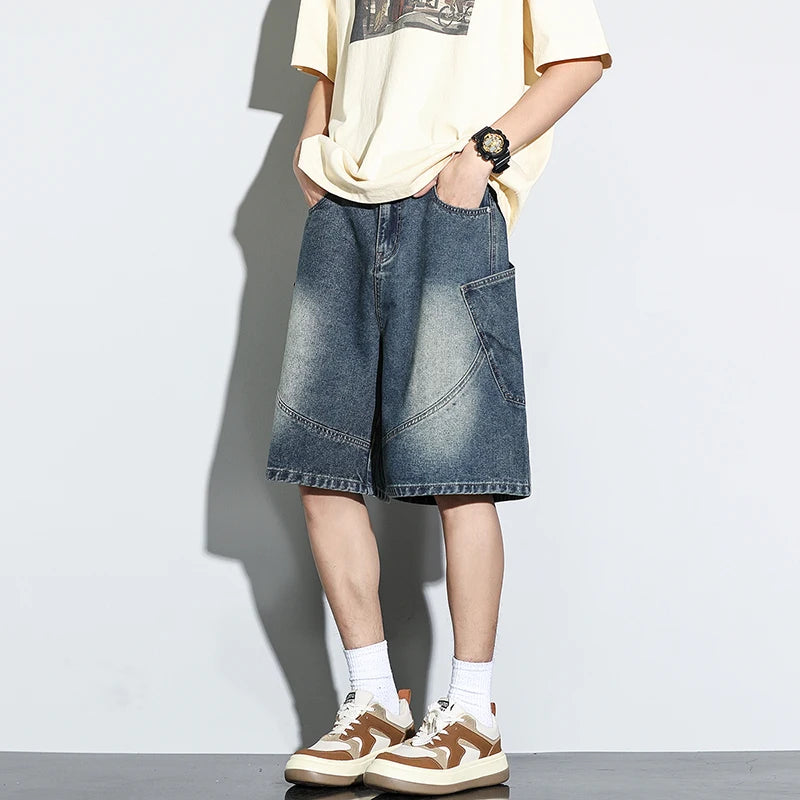 Summer New Baggy Denim Shorts Fashion Casual Straight Harajuku Jeans Male Vintage Wash Drawstring Short Pants Streetwear