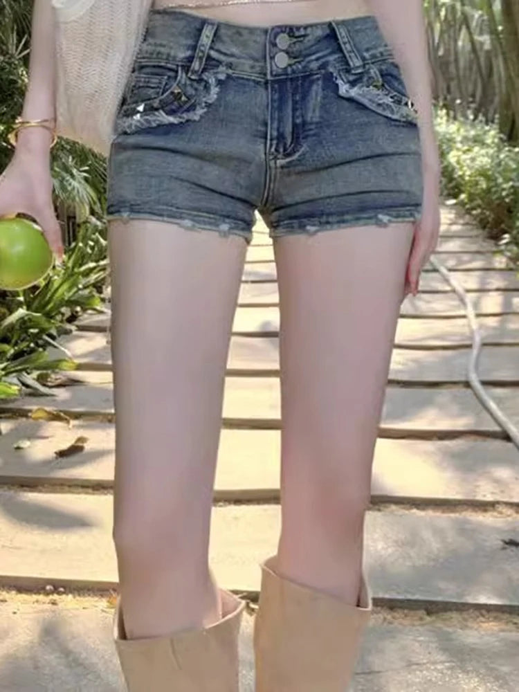Women Korean Retro Y2k Shorts Pants Lady Vintage High Street Hot Pants Female Blue Low Waist Elastic Wrapped Hip Short Jeans