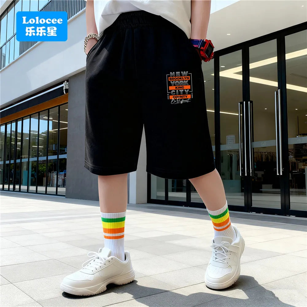 3-14years Boys' Shorts Kids Casual Straight Shorts NEW YORK Letter Print Black/Grey Color Elastic Waist Gym Sports Shorts ZMNY1