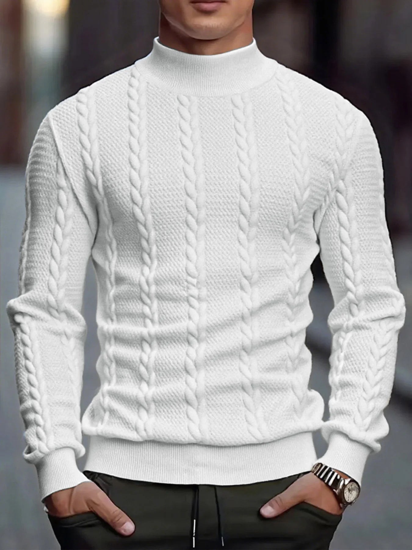 Men's Knitted High Collar Sweater Casual Vintage Twist Knitwear Sweater Tops Winter Solid Color Slim Fit Warmth Sweater Tops