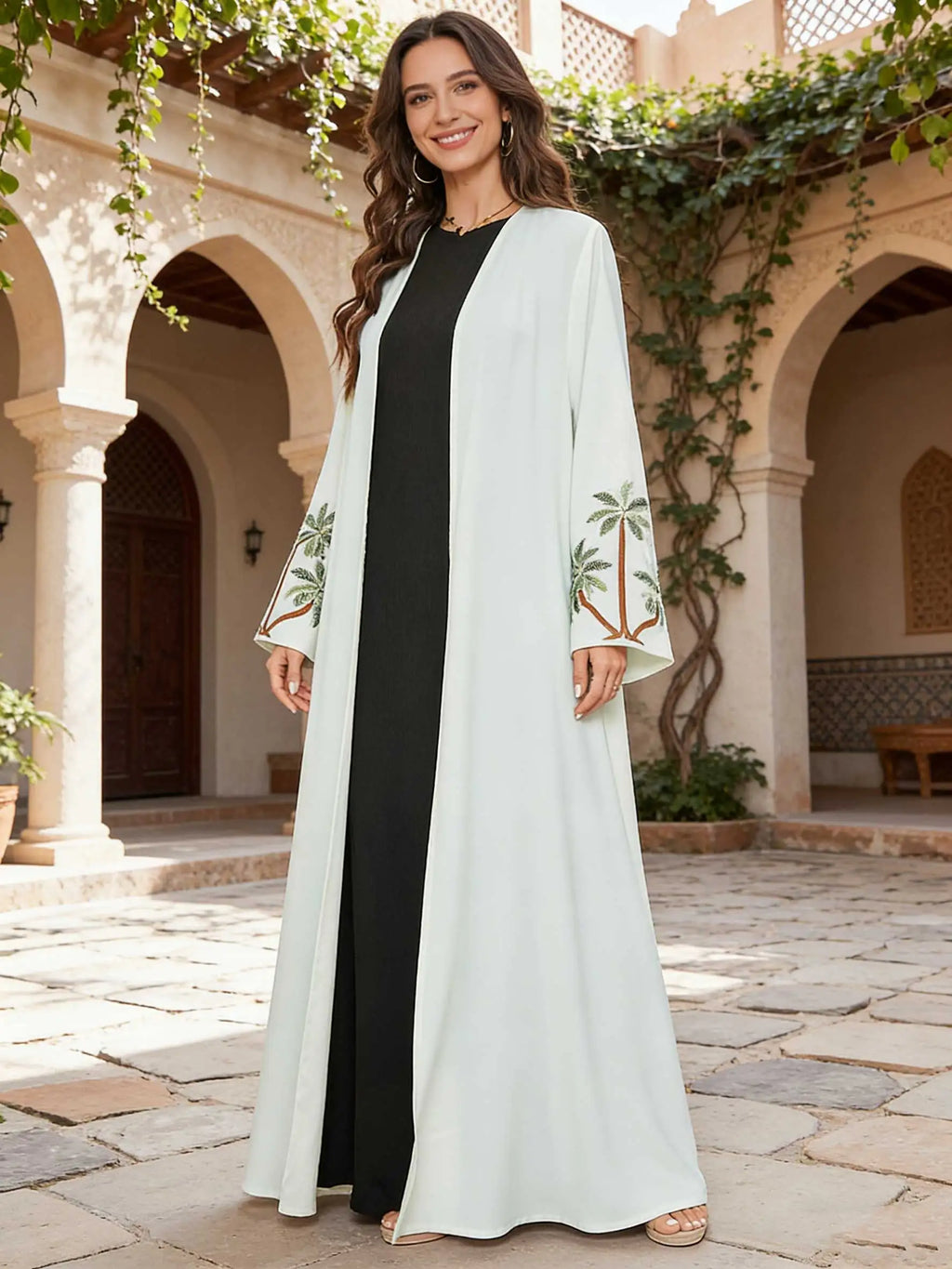 Elegant Abaya Palm Tree Embroidered Sleeves Open-Front Design Women Muslim Turkish Kaftan Ramadan Islam Qatar Arabic Gowns 2026
