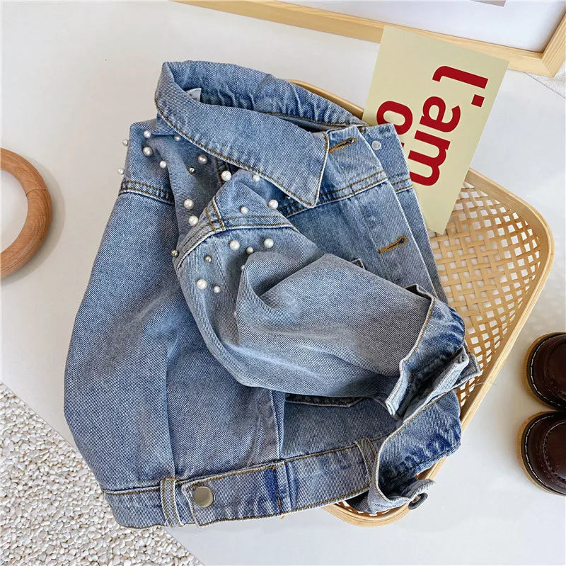 3-10 year old girl denim jacket 2025 new children's pearl long sleeved denim jacket baby Korean version personalized fashioncoat