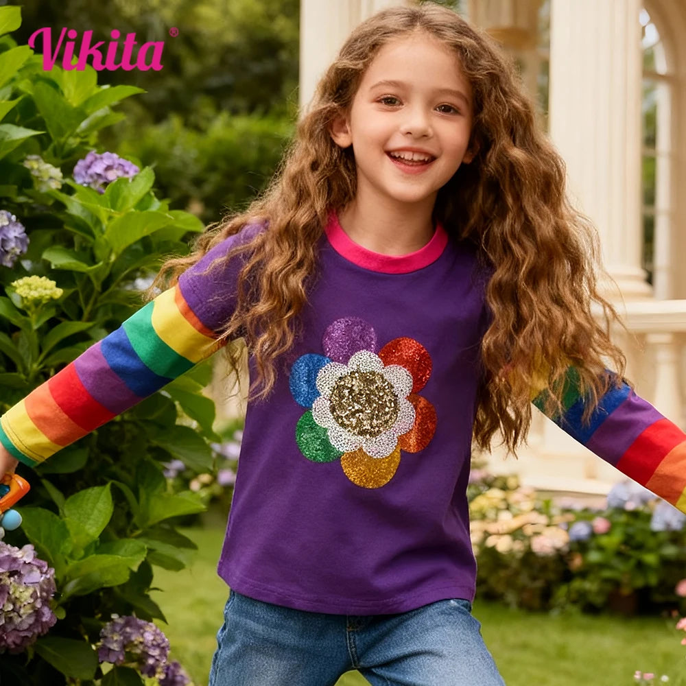 Girls Purple Long Sleeve Tops Kids Rainbow Striped Sleeves Cotton Casual Soft Cozy T Shirt Girls Flower Sequined Colorful Tees
