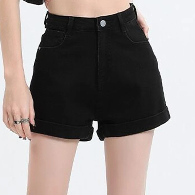 Summer 2026 New Women Rolled Edge Hot Denim Shorts Lady Korean Mini Pants Girls Elastic Blue Black Black Gray A Line Short Jeans