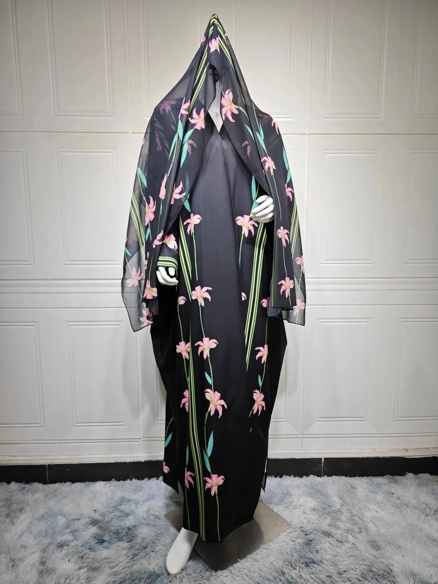 Modest Floral Print Open Cardigan Headscarf Two-Piece Set Middle East Dubai Abaya Muslim Women's Clothing Fashionable Outerwear