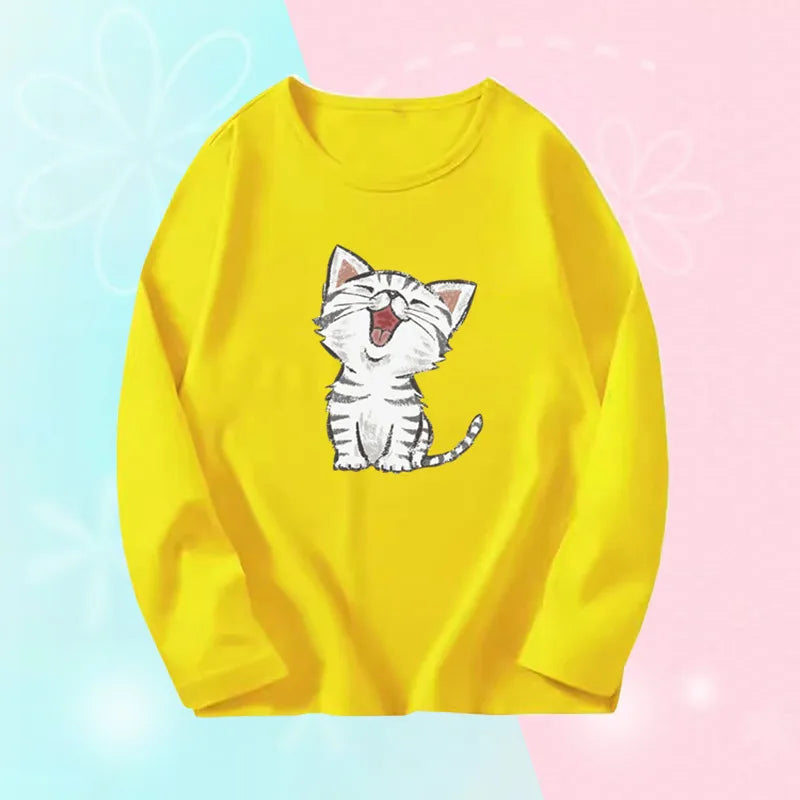 3~14 Years Girl Long Sleeve T-Shirts Cute Sweet Girl Tee Tops Cute Cat Graphic O-Neck Top Little Girl Casual T-Shirts