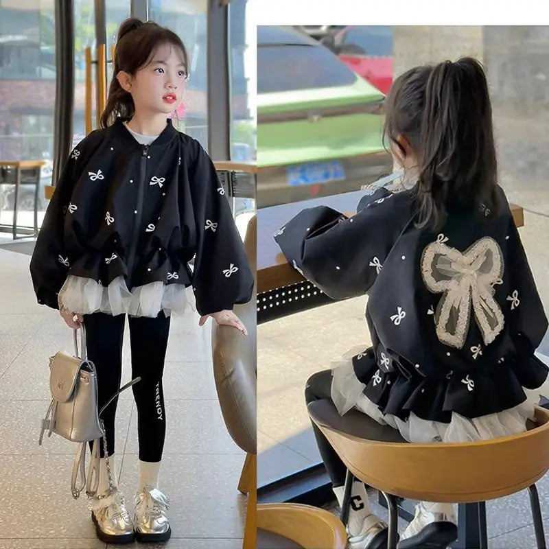 Fall Girls' Baseball Jacket Trendy Princess-Style Outerwear Kids' Colorblock Casual Coat Fashionable Spliced Jacket for Girls