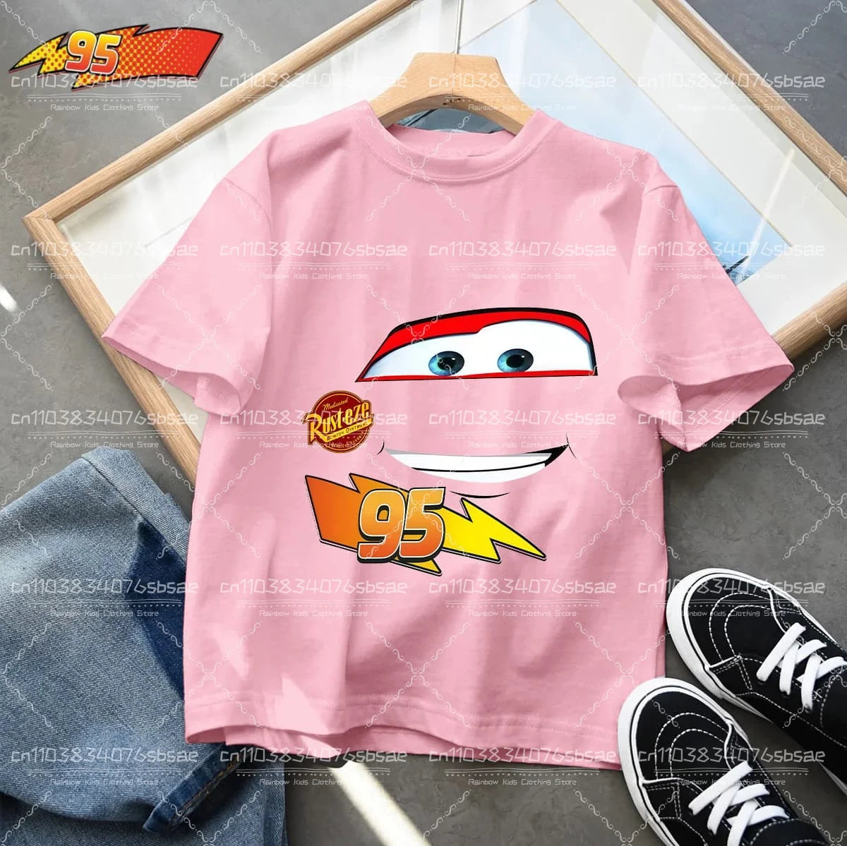 2025 Disney Summer Kids T-shirt Short Sleeve Top Cartoon Cars Pixar Lightning McQueen Printed Boys Clothes Baby Tops 4-10 Years