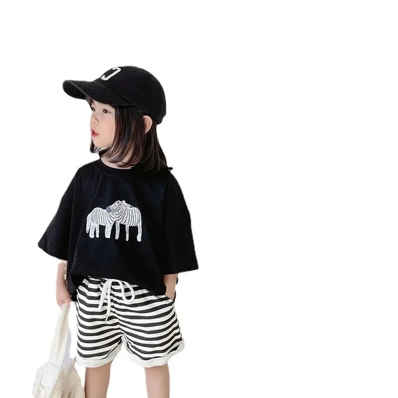 Korean Streetwear Vintage Cartoon Print Unisex Kids T-Shirts 100% Cotton Oversized Summer Tees for Boys & Girls 1-7Years