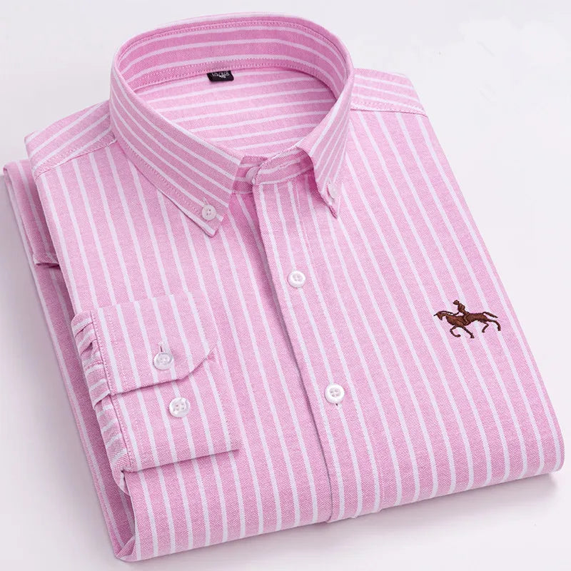 Basic Oxford Dress Shirt For Men Long Sleeve 100% Pure Cotton Solid  Casual Plaid Striped Social Business Male Regular-Fit S-6XL