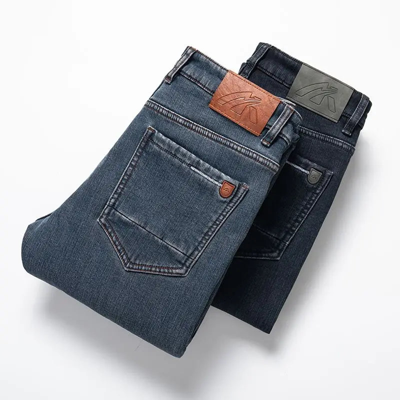 Winter Warm Men's Jeans Fleece Thickened Elastic Smoke Gray Black Business Straight Casual Denim Pants Brand Man PlushClothes