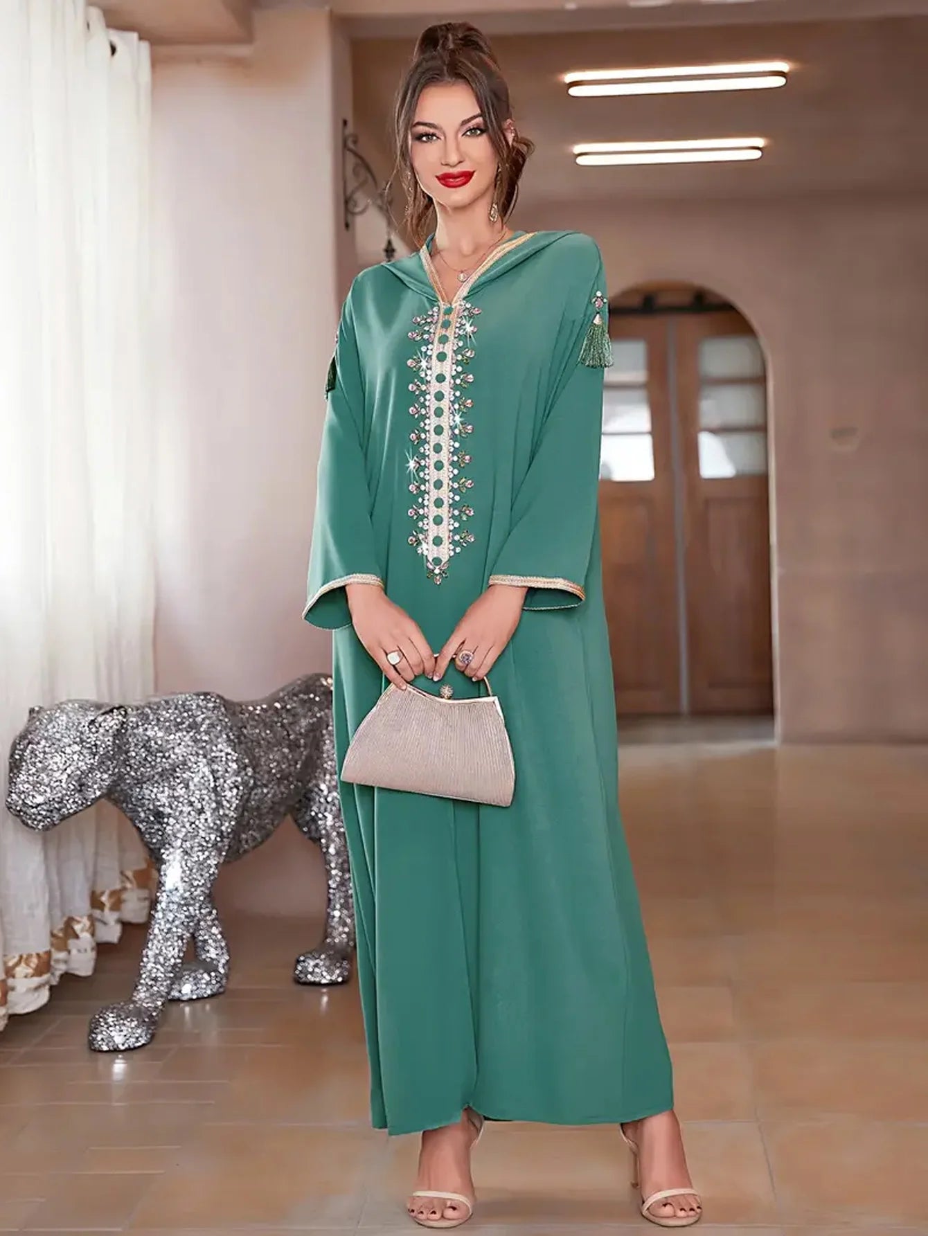 [Rhinestone Kaftan Dress] Elegant Rhinestone Hooded Kaftan Dress - Long Sleeve Ankle Length Women's Clothing