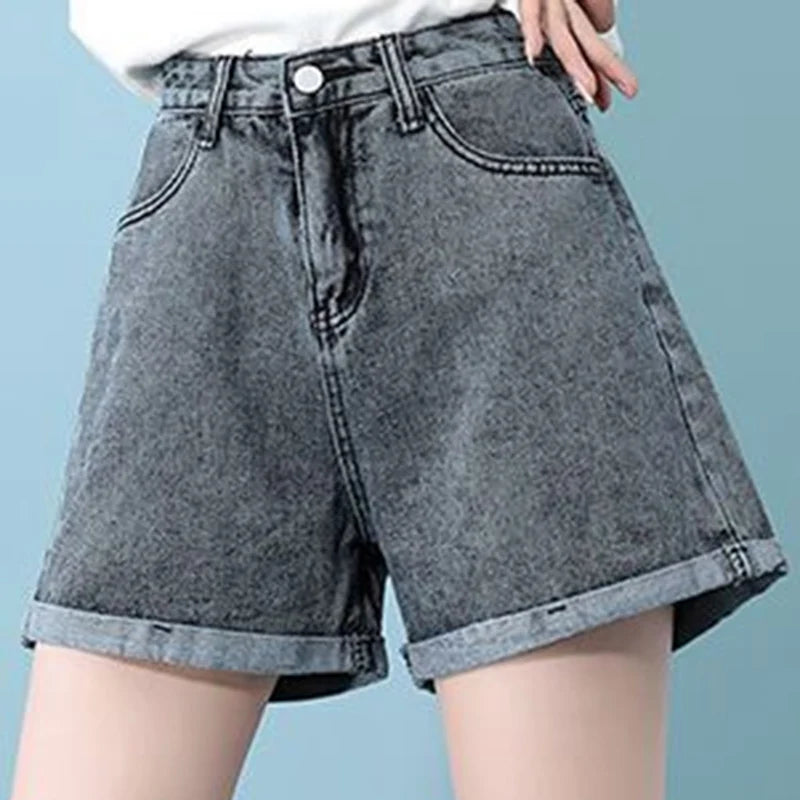 Summer 2026 New Women Rolled Edge Hot Denim Shorts Lady Korean Mini Pants Girls Elastic Blue Black Black Gray A Line Short Jeans