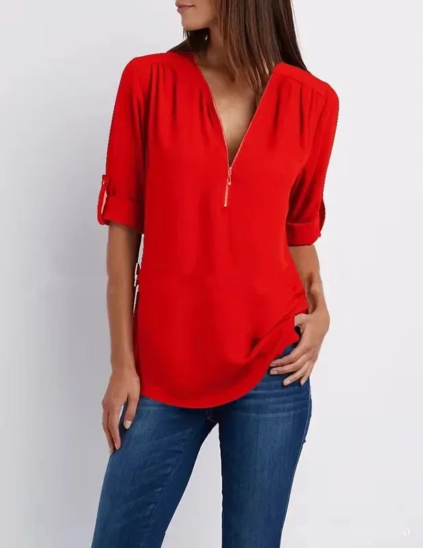 2025 Hot Sale Women Cool Loose Shirt Deep V Neck Chiffon Fashion Blouse Casual Ladies Tops Sexy Zipper Pullover Plus Size