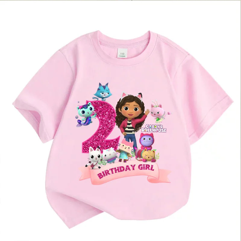 Gabbys Dollhouses Birthday Number T-shirt Girls White Pink Short Sleeve T-shirts Tops Cotton Summer Casual Party Supplies Tee