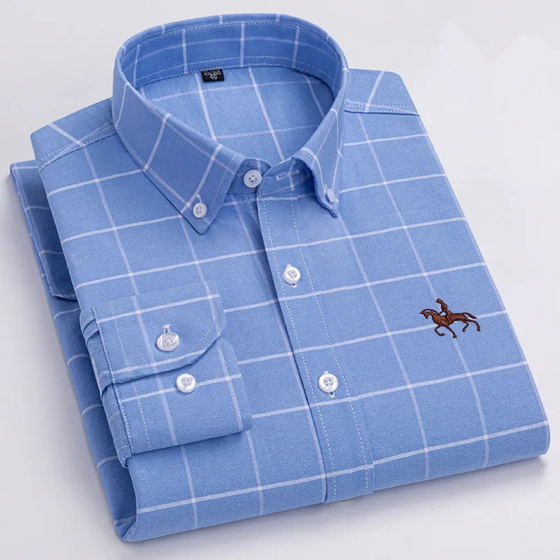 Basic Oxford Dress Shirt For Men Long Sleeve 100% Pure Cotton Solid  Casual Plaid Striped Social Business Male Regular-Fit S-6XL