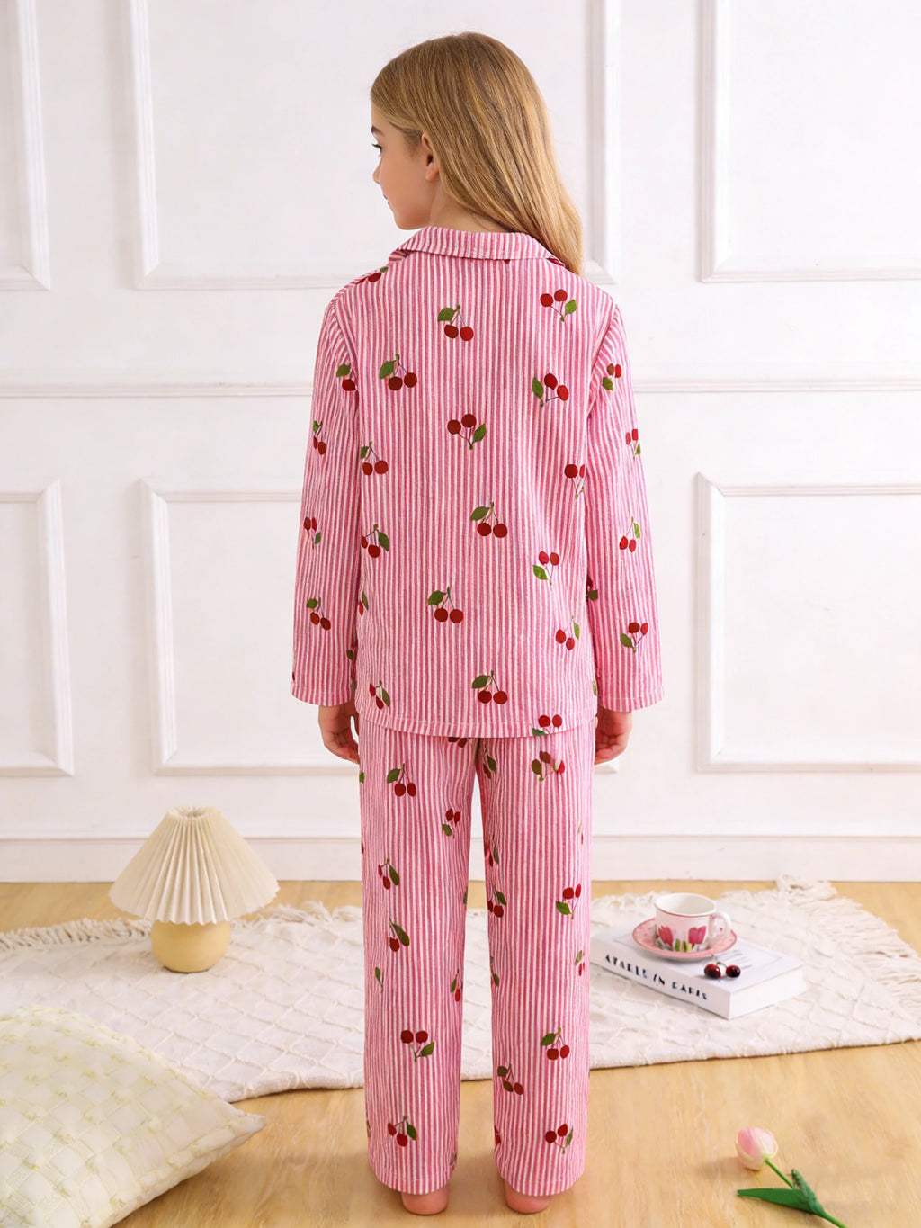 Girls' sleepwear and pants set for spring and autumn, girls' cherry top and pants for home wear, suitable for home wear