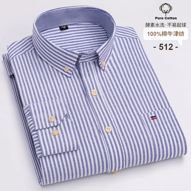 100% Cotton Oxford Men's Shirts Long Sleeves Plaid Soft Regular Fit Formal Dress Shirt Pocket Social Blouse Male Clothes S-7XL