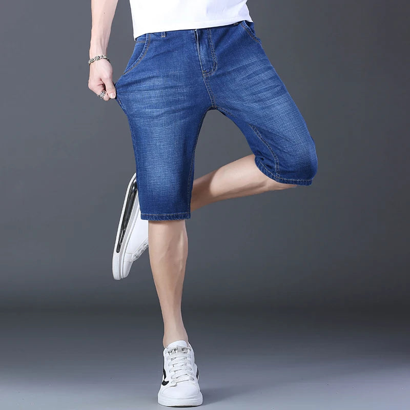 2024 Mens Casual Knee Length Denim Shorts Elastic Straight Brand Cotton Jeans Street Style Fashion Solid Color Short Jeans