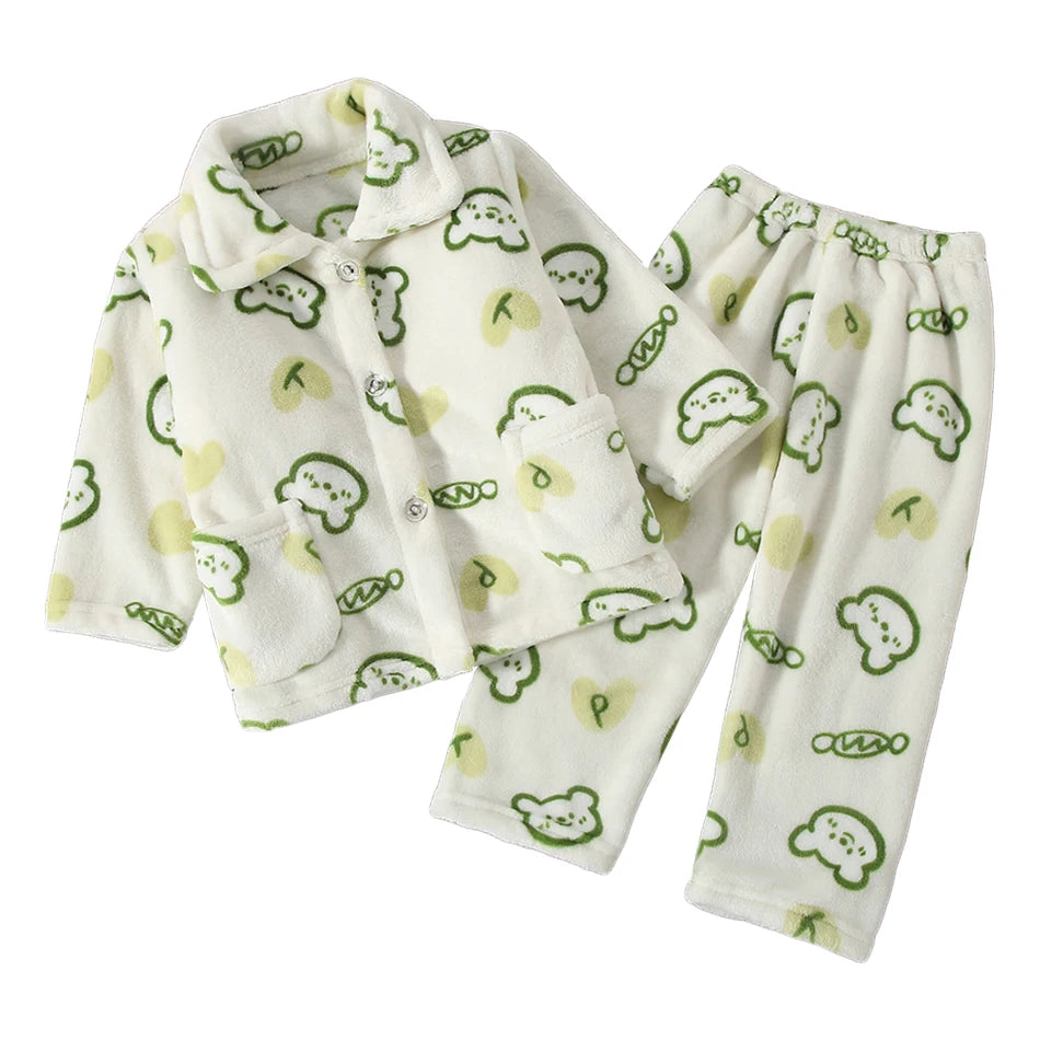 High Quality Coral Fleece Flannel Cute Cartoon Pattern Pajama Sets Boys and Girls Long Sleeve Warm Comfortable Winter Sleepwear