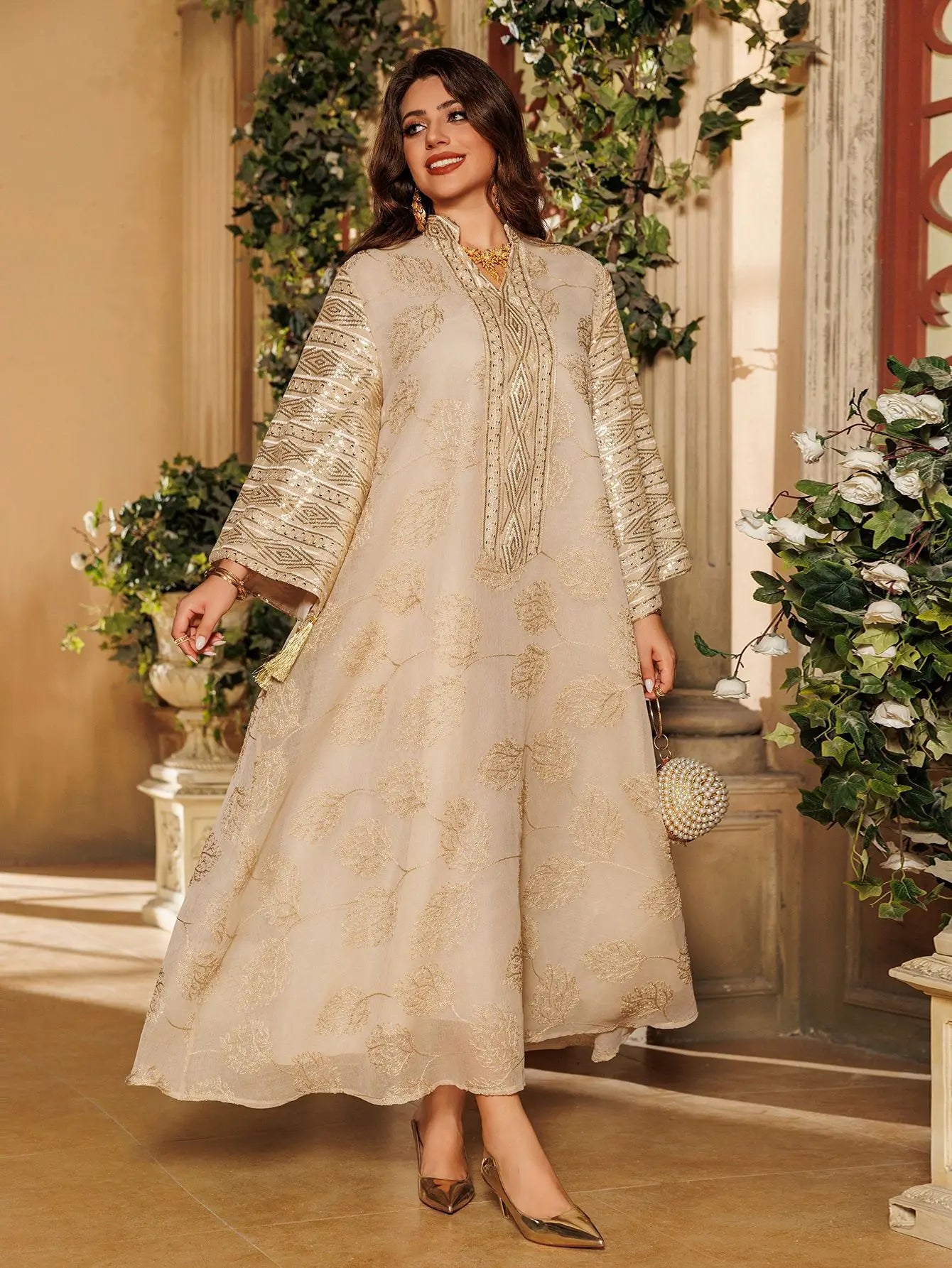 Elegant Beige Abaya for Islamic Ladies Intricate Gold Embroidery idea for Festivities and Religious Ceremonies in Middle East