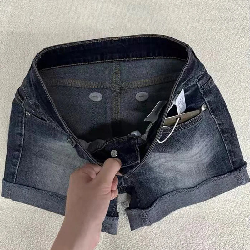 Retro Roll Up Hem Deep Blue Denim Shorts Women Summer Sexy Low Rise Hip Covering Hot Pants American Distressed Washed Jean Short