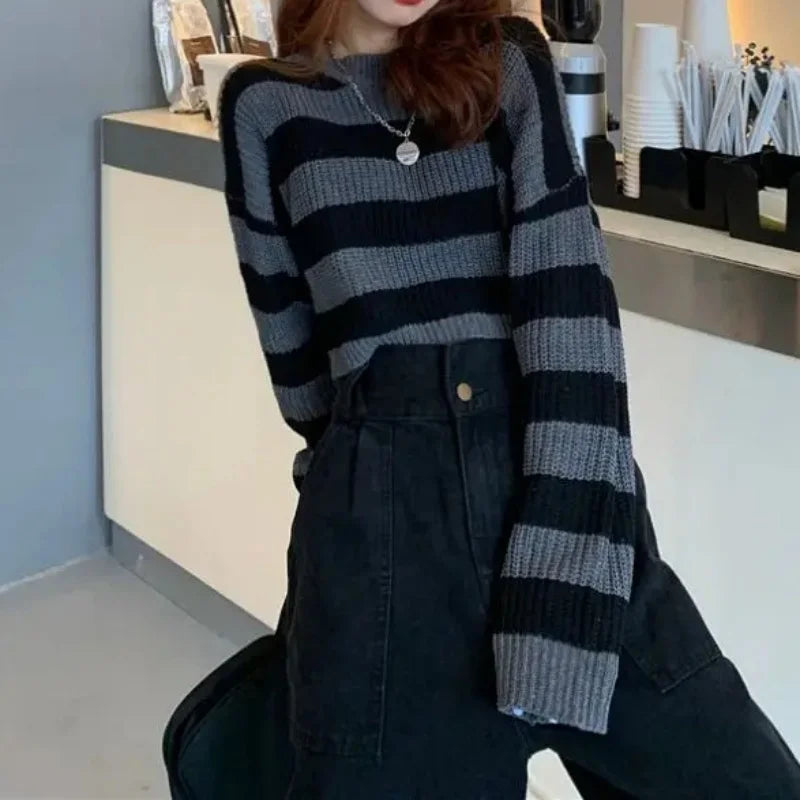 Korean Striped Cropped Knit Sweater