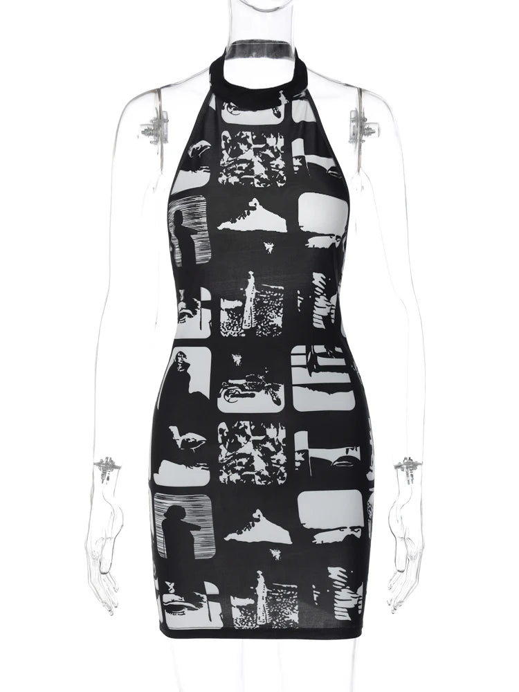 Hugcitar Vintage Print Halter Sleeveless Backless Sexy Slim Bodycon Mini Dress  Summer Y2K Outfit Streetwear Nightclub Biker